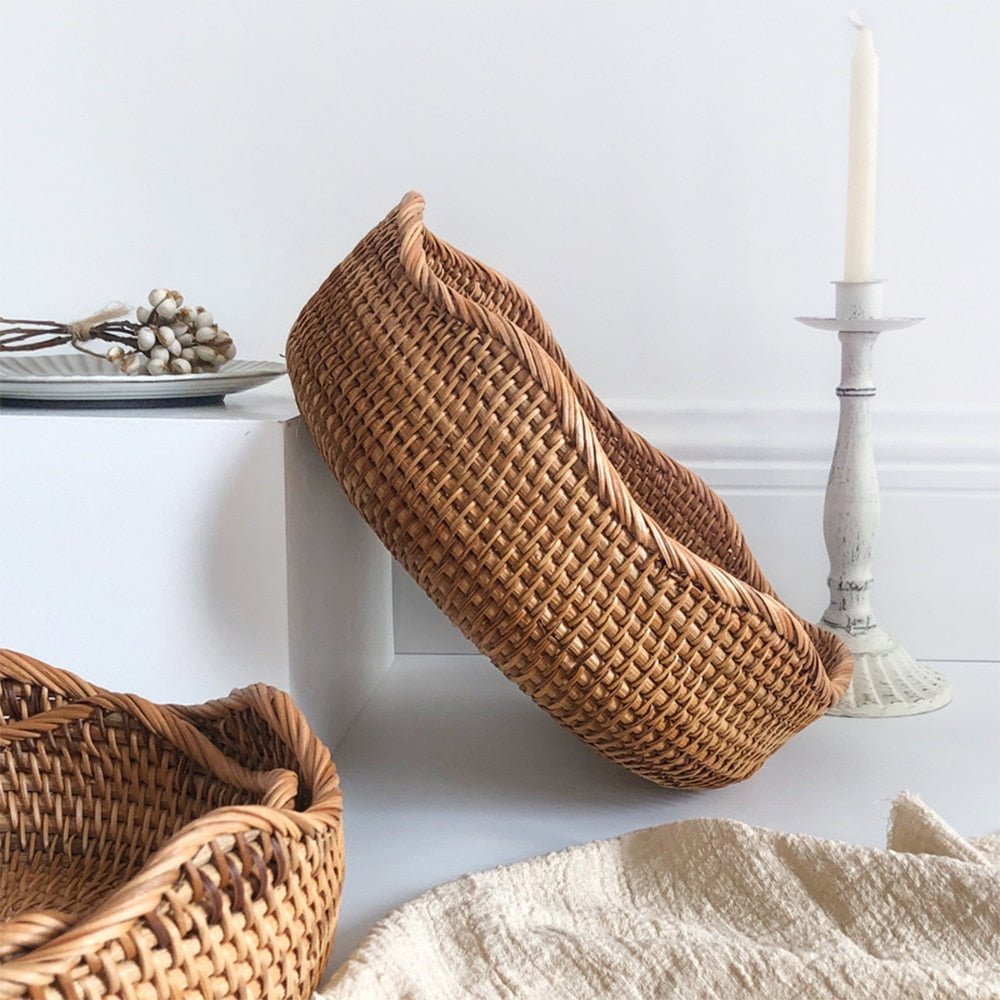 Handmade Rattan Bread Baskets Round Wicker Fruit Serving Storage Bowls, Natural Woven Decorative Kitchen Counter Organizing